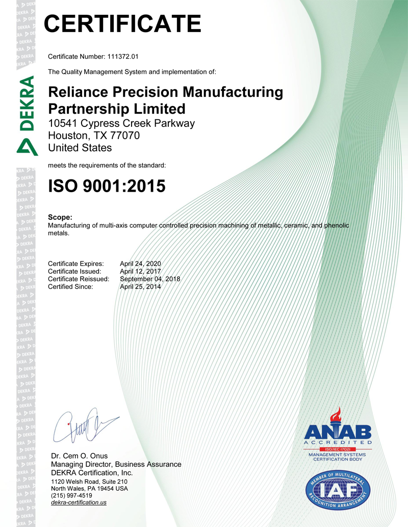 Reliance Precision Manufacturing Partnership Limited 9001 2015 Certiifcate Reissued 09.04